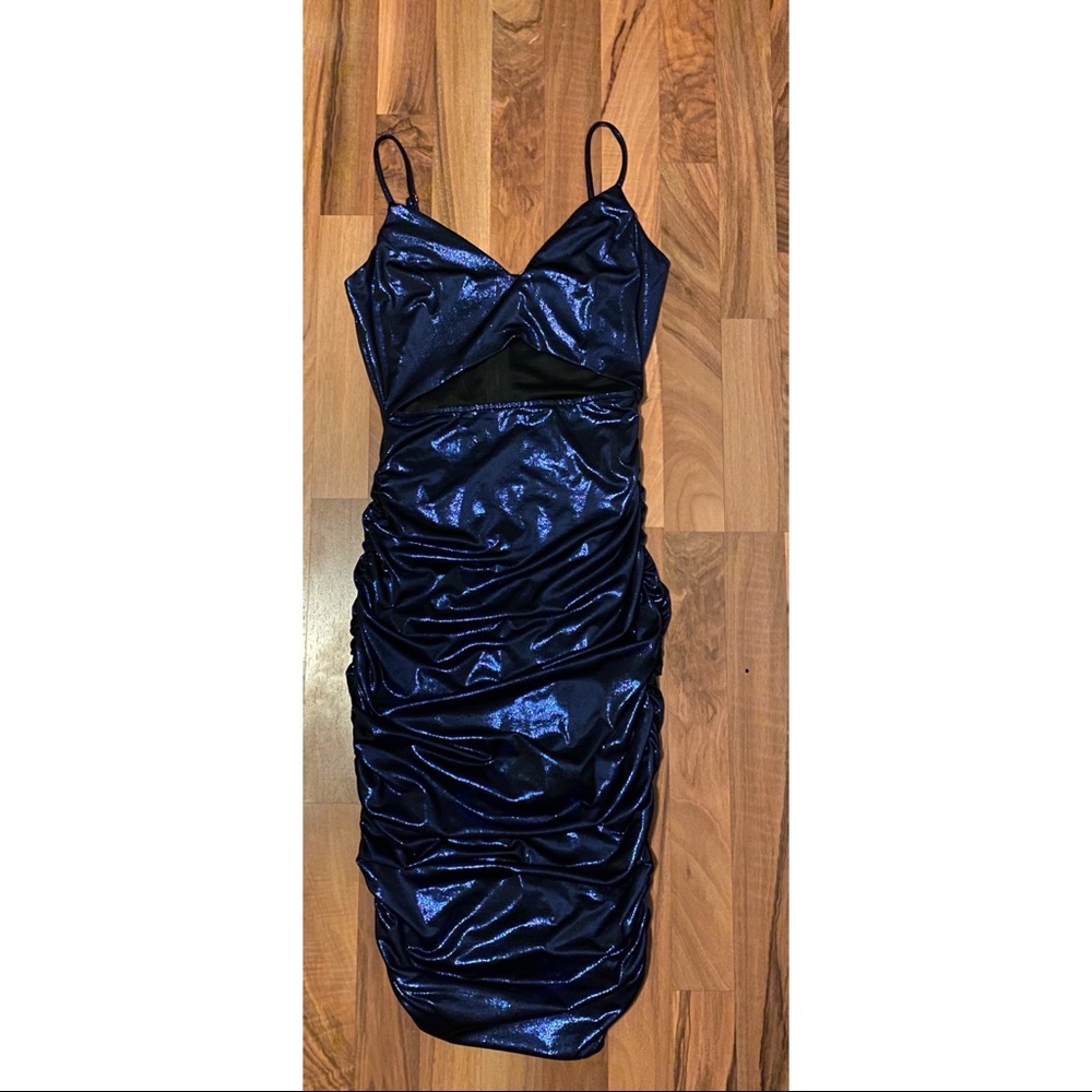 Metallic Blue Midi Ruched Midi Dress